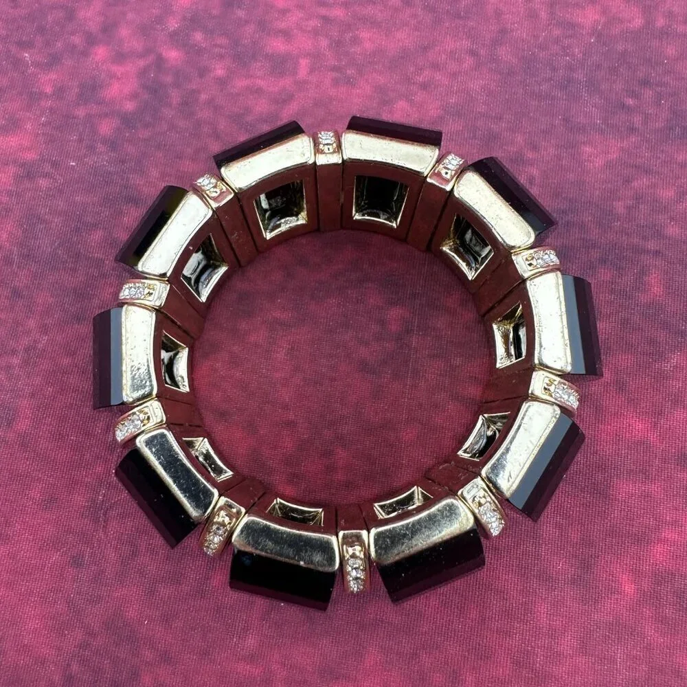 GOLD AND BLACK ENAMEL AND RHINESTONE STRETCH LINK BRACELET,